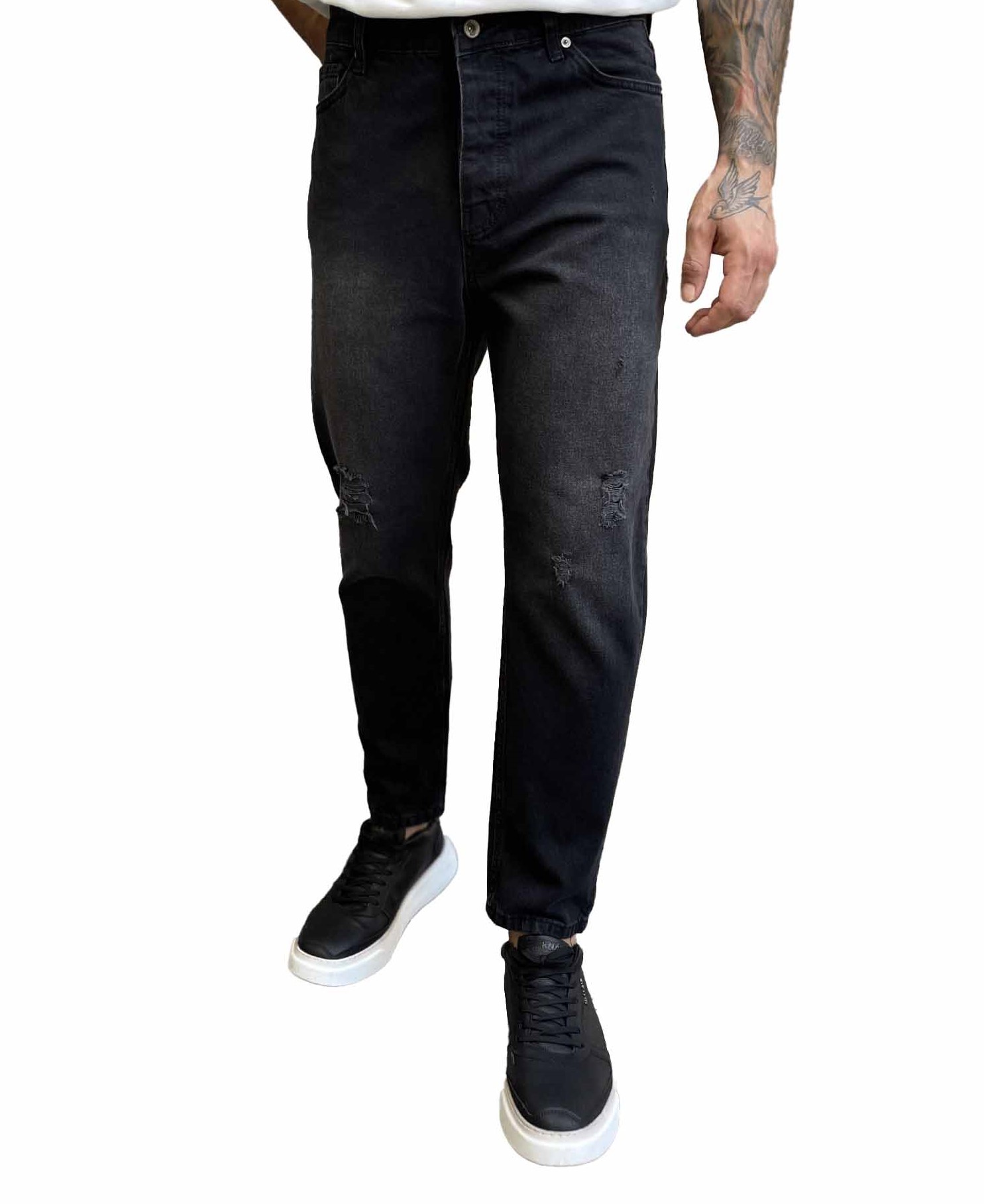 Ανδρικό μαύρο ξεβαμμένο loose τζιν πεντάτσεπο με φθορές WE2302 φωτογραφία